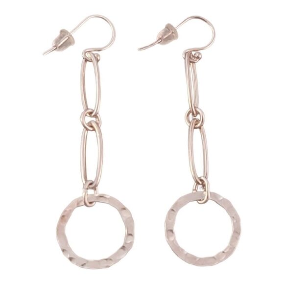 Sterling Artisan Contemporary Long Loop Chain Hammered Circle Earrings - Picture 1 of 5